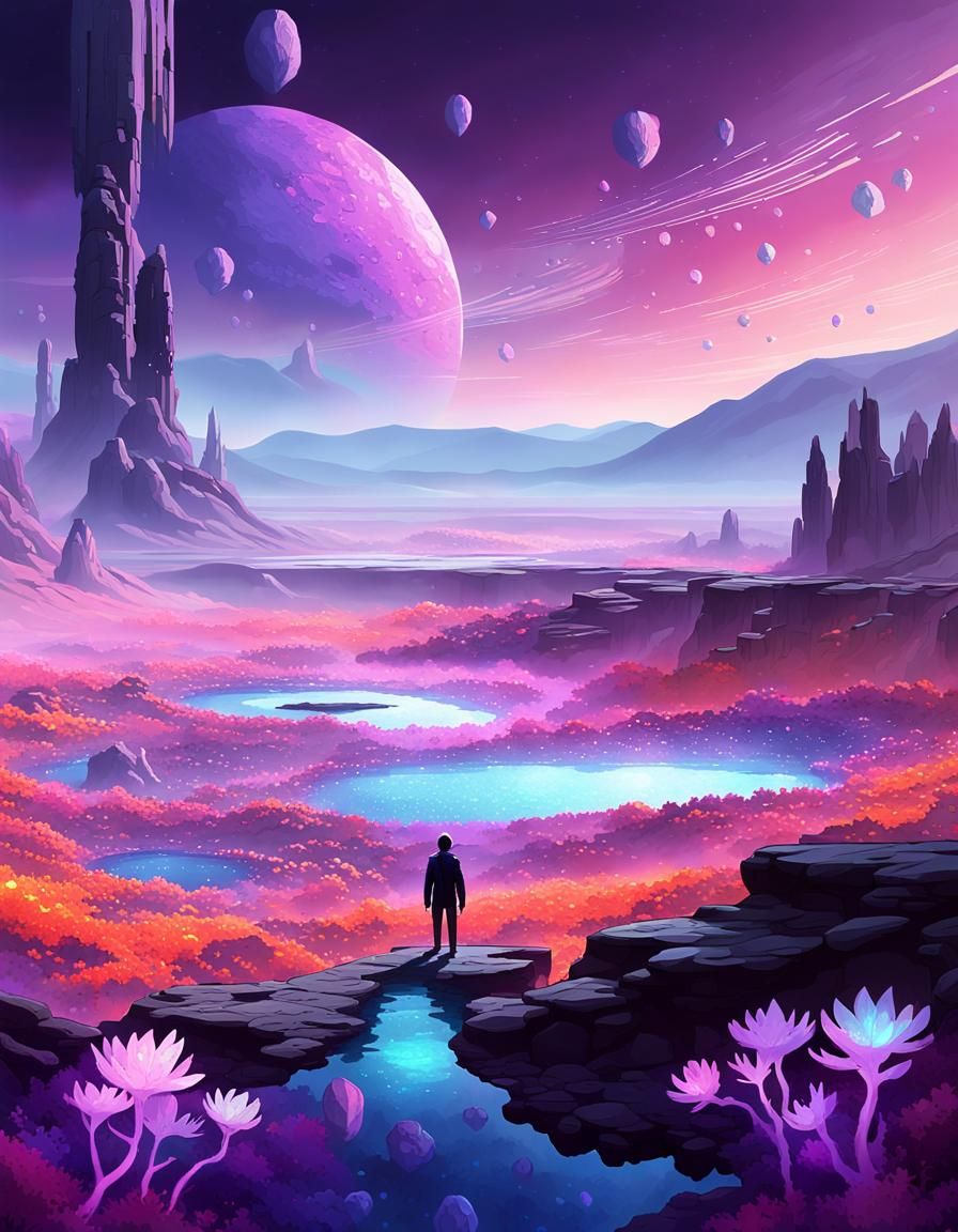 Sci-Fi Landscape with Gemstone Plants and Purple Sunset