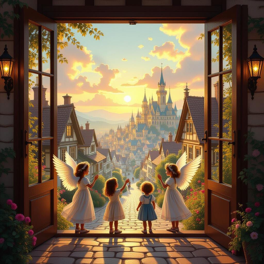 Angels Play with Children in Golden Victorian Village