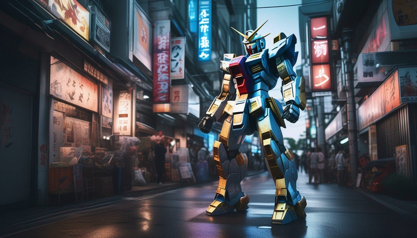 Gundam Mecha Battle in Tokyo: Hyper-Realistic Digital Art