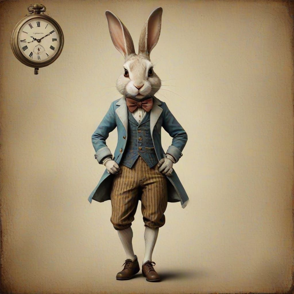 Surrealist White Rabbit Dandy in Mixed Media Collage