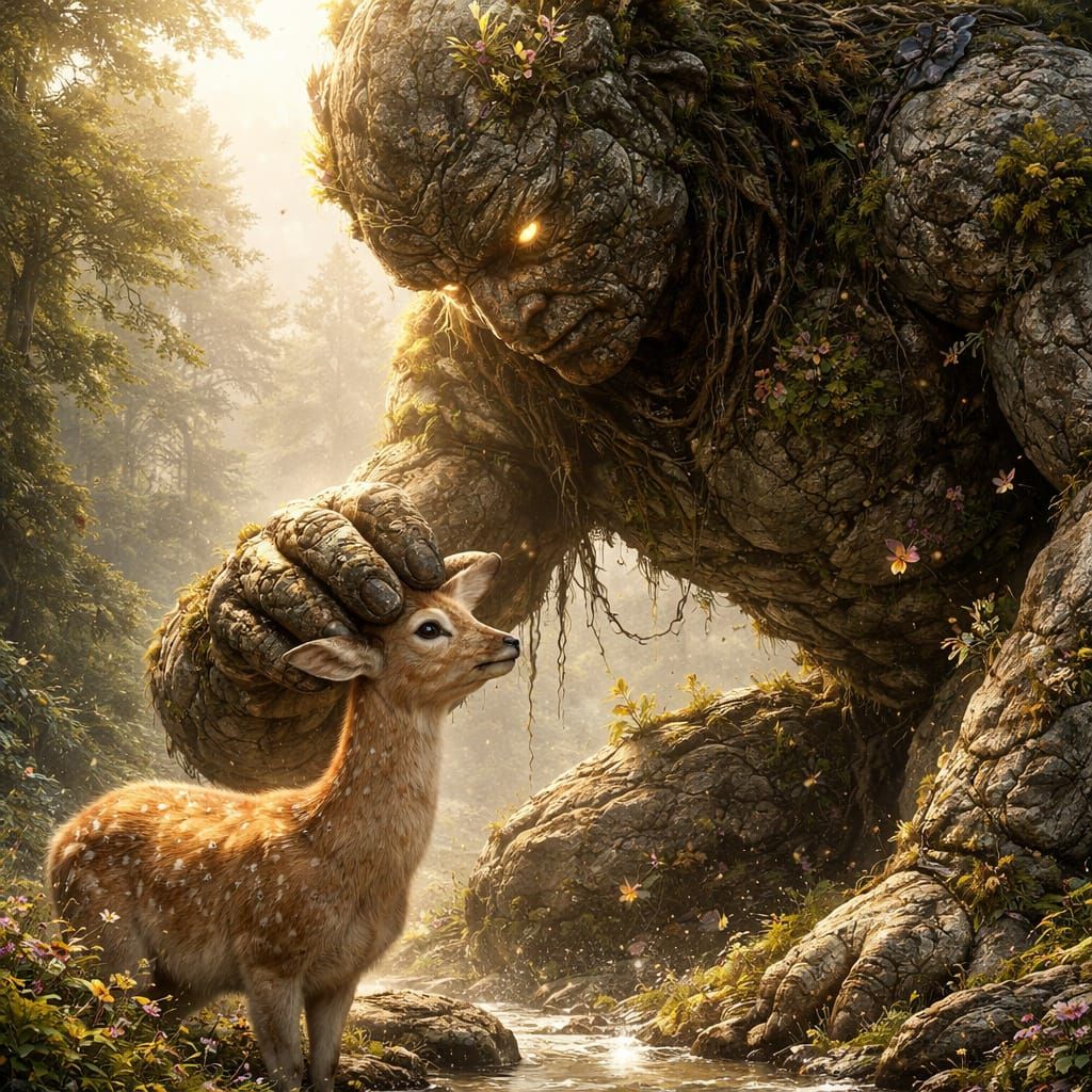 Colossal Rock Giant Gently Pats Fluffy Doe