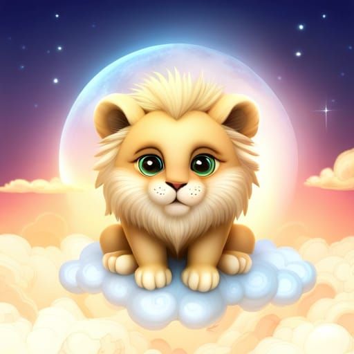 Cute Furry Lion Cub on Cloud: 3D Render