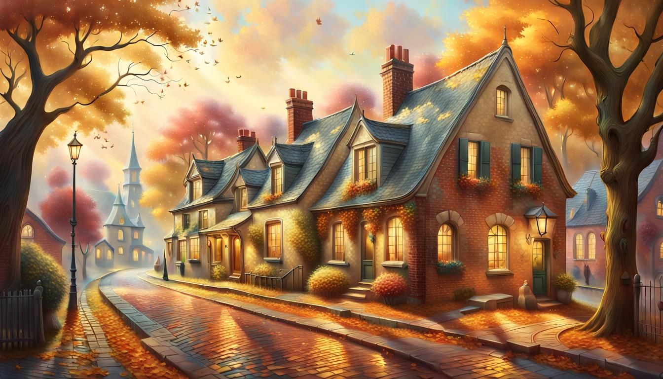 Dreamlike Autumn Townscape in Kinkade Style