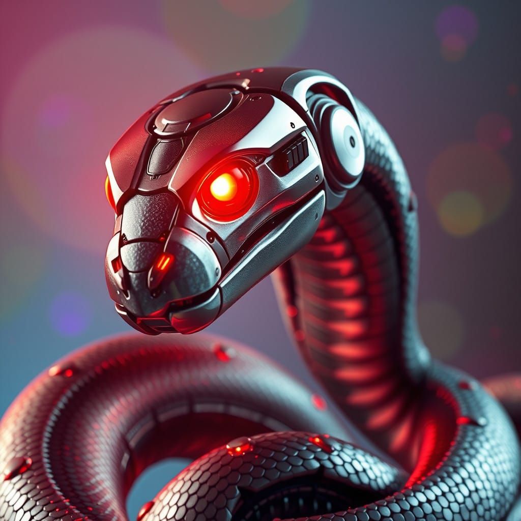 Ethereal Robot Snake with Glowing Red Eyes in Dynamic Hyperr...