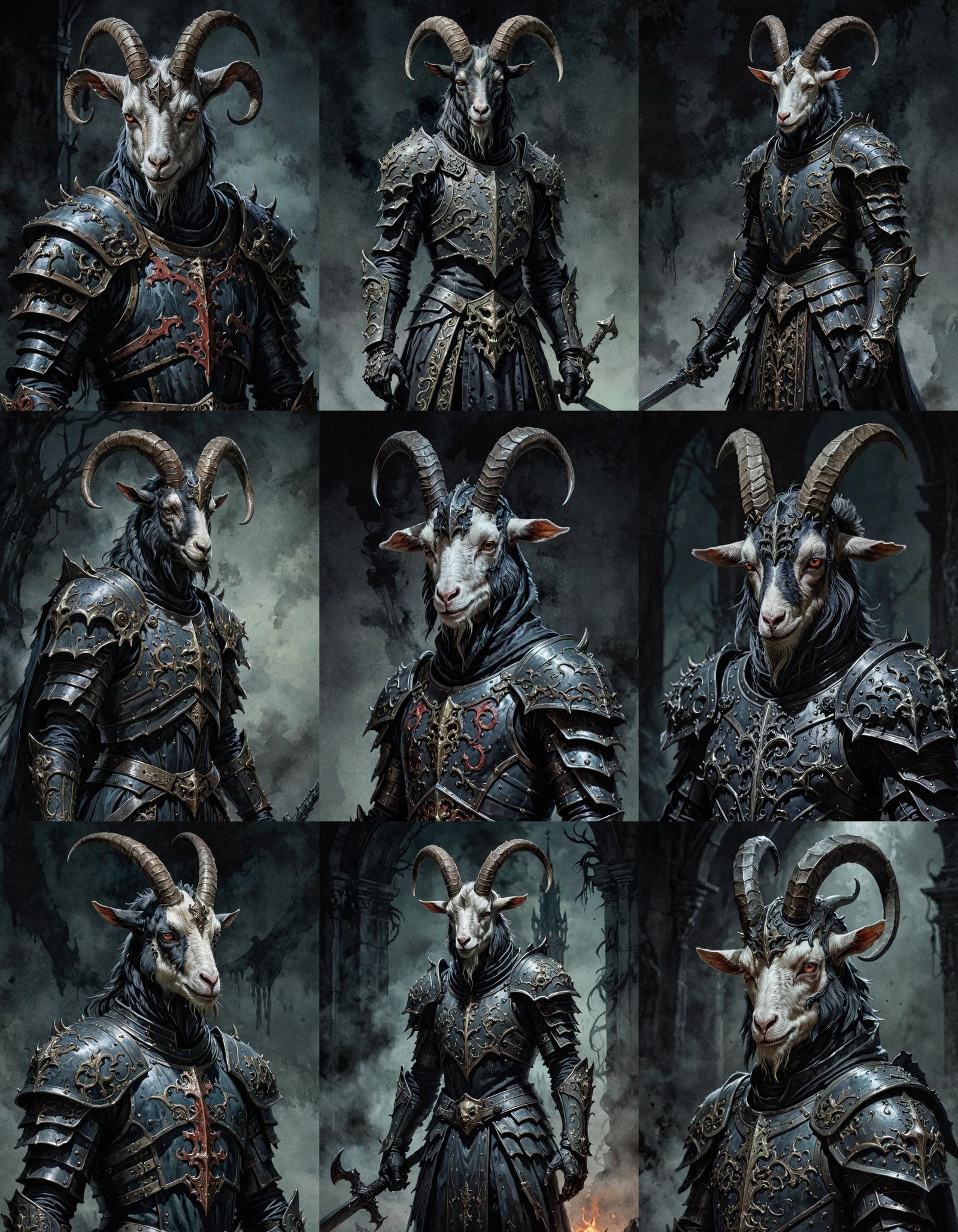 Demonic Goat Knight in Gothic Watercolor Style