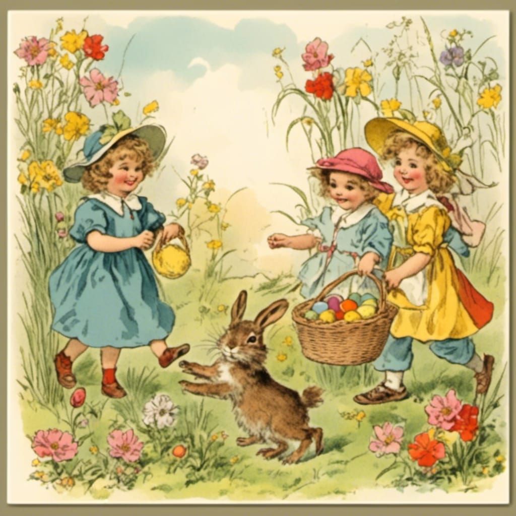 Retro Easter Postcard with Happy Children