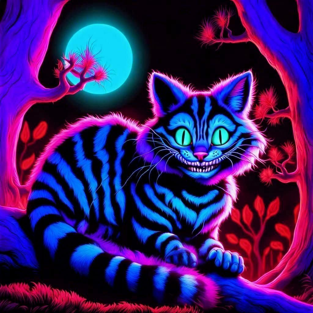 Blacklight Cheshire Cat in Neon Wonderland