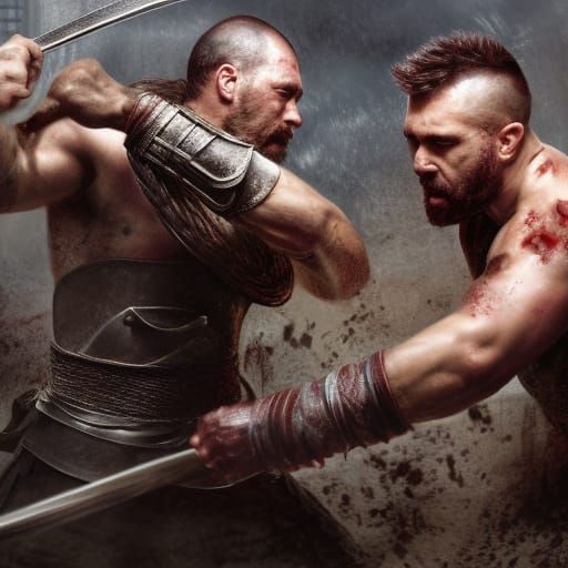 Gladiators Spartacus and Crixus Sparring: Hyperdetailed Conc...