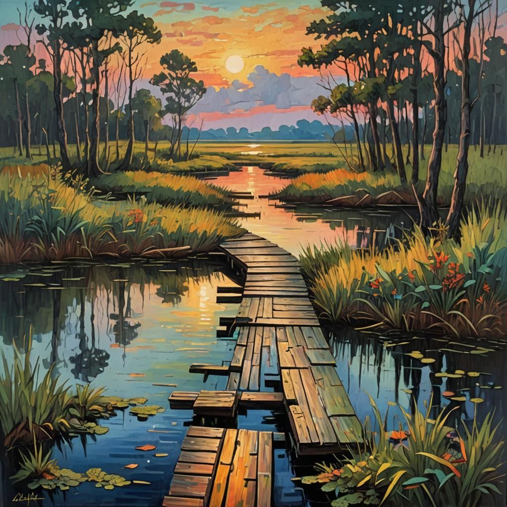 Marsh Sunset: Neo-Impressionist Oil Painting