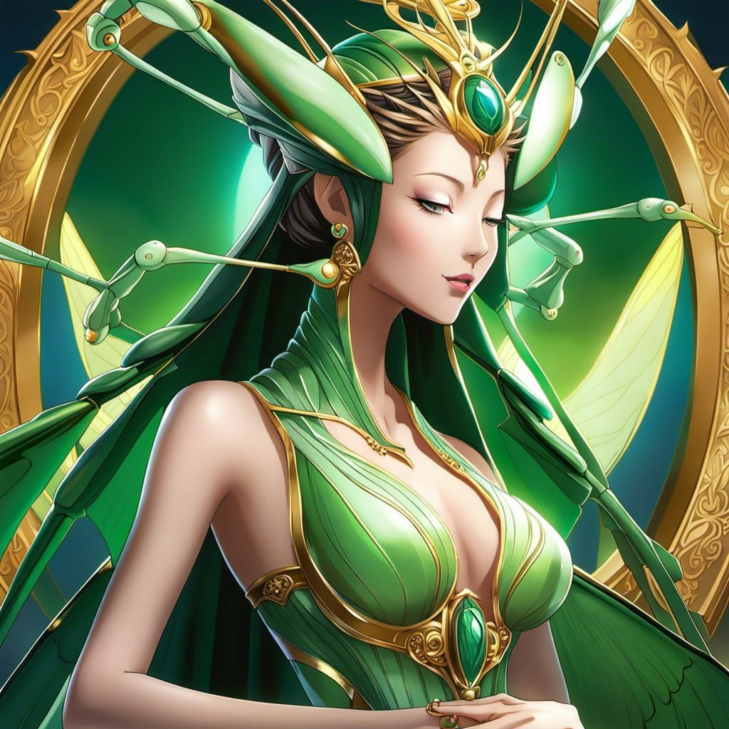 Praying Mantis Queen Manipulating Continuum in Anime Style