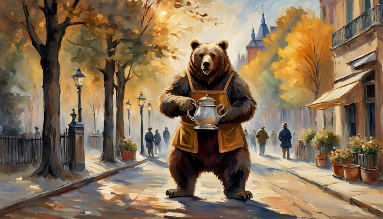 Brown Bear in Waiter's Apron Carries Samovar in Impressionis...