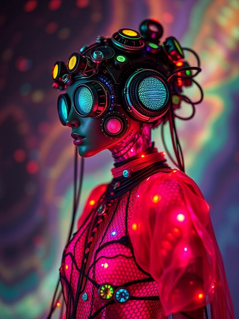 Steampunk Android with Bioluminescent Art Nouveau Botany