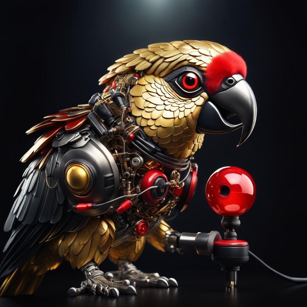 Golden Cyborg Parrot with Red Eyes