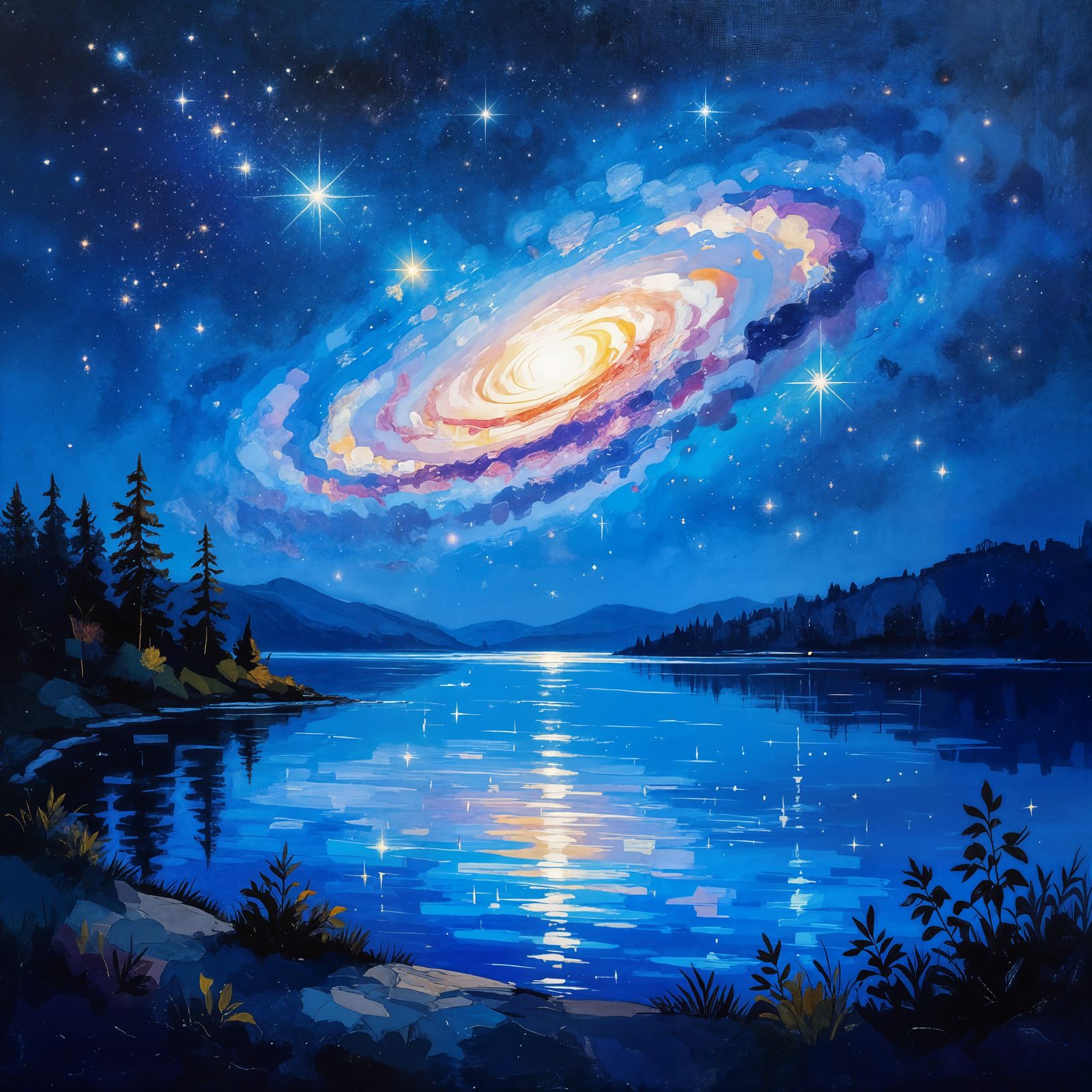 Majestic Starry Lake Galaxy in Gouache Style