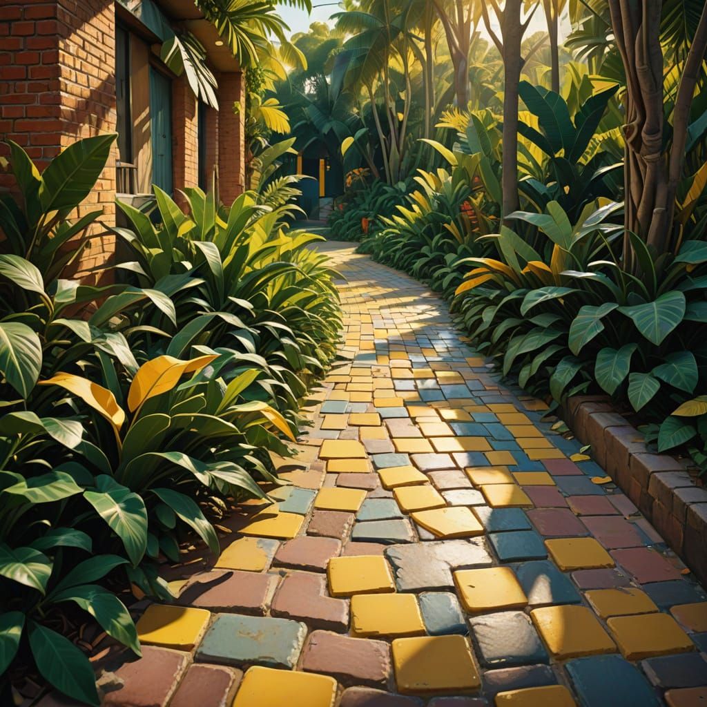 Vibrant Neo-Cubist Landscape with Golden Sunlight