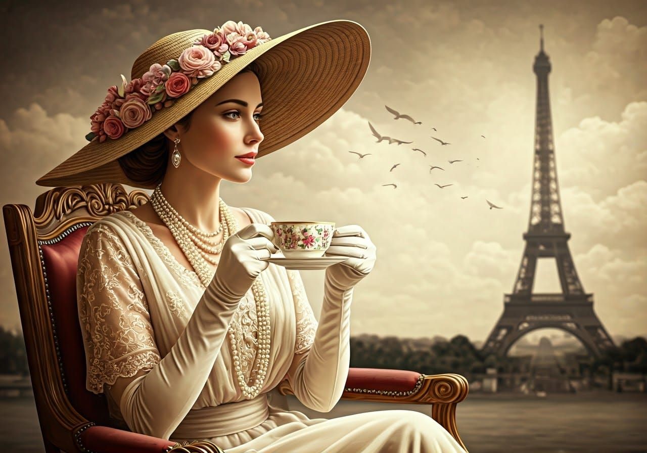 Elegant Woman in Belle Époque Style Sipping Tea with Eiffel ...