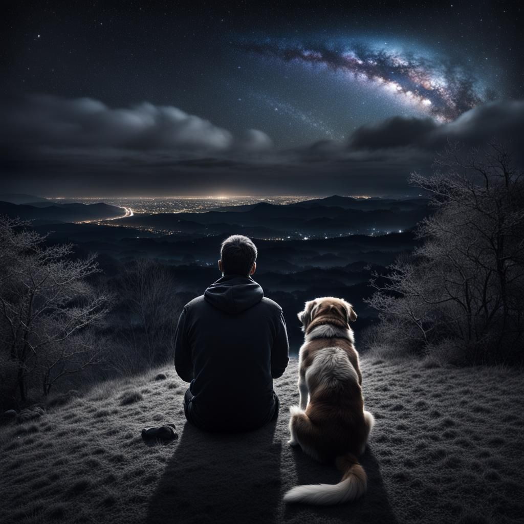 Man and Dog Stargazing on a Hill