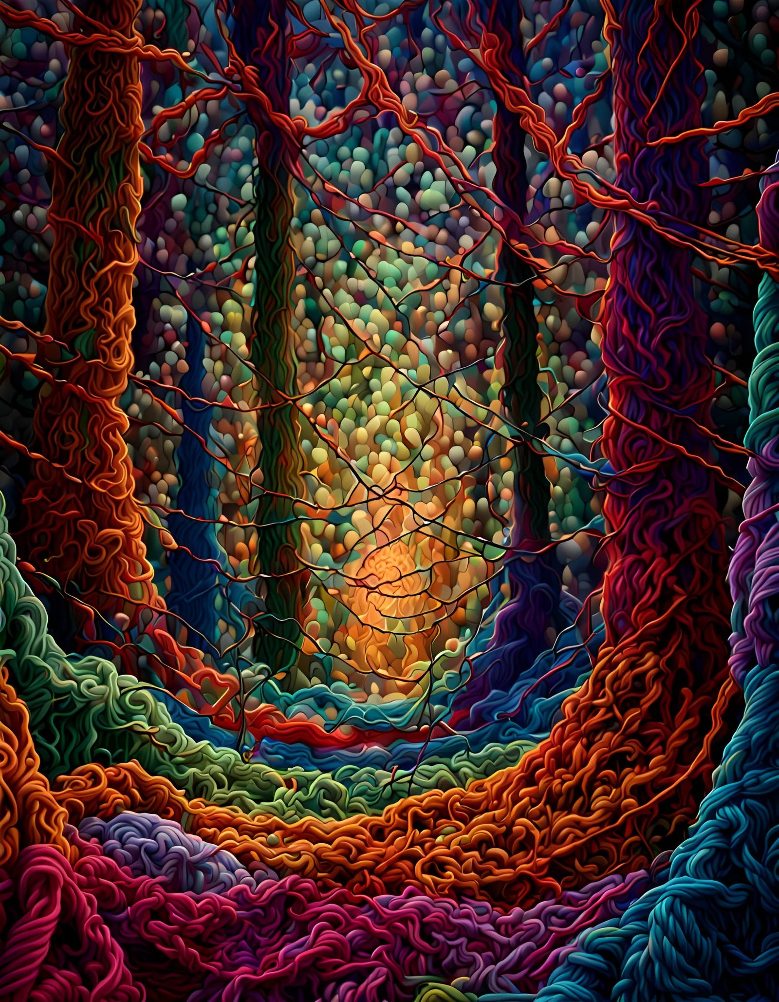 Psychedelic Yarn Forest of Anxiety in Expressionist Style