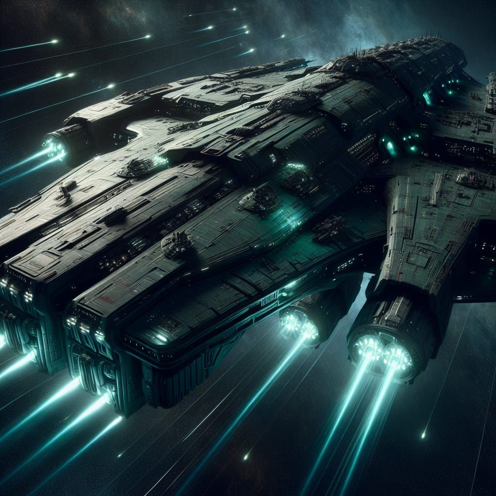 Dark Green Spaceship Looms in Deep Space