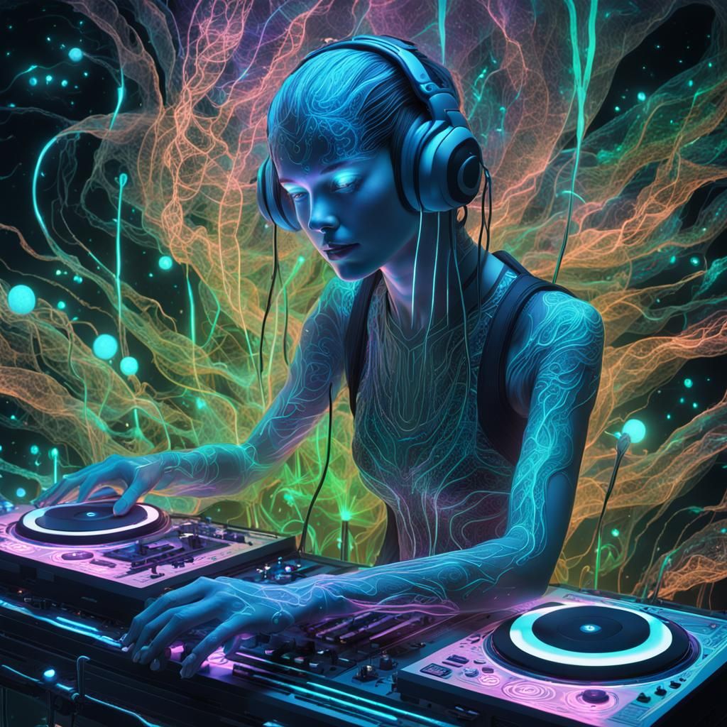 Cybernetic DJ in Bioluminescent Glade