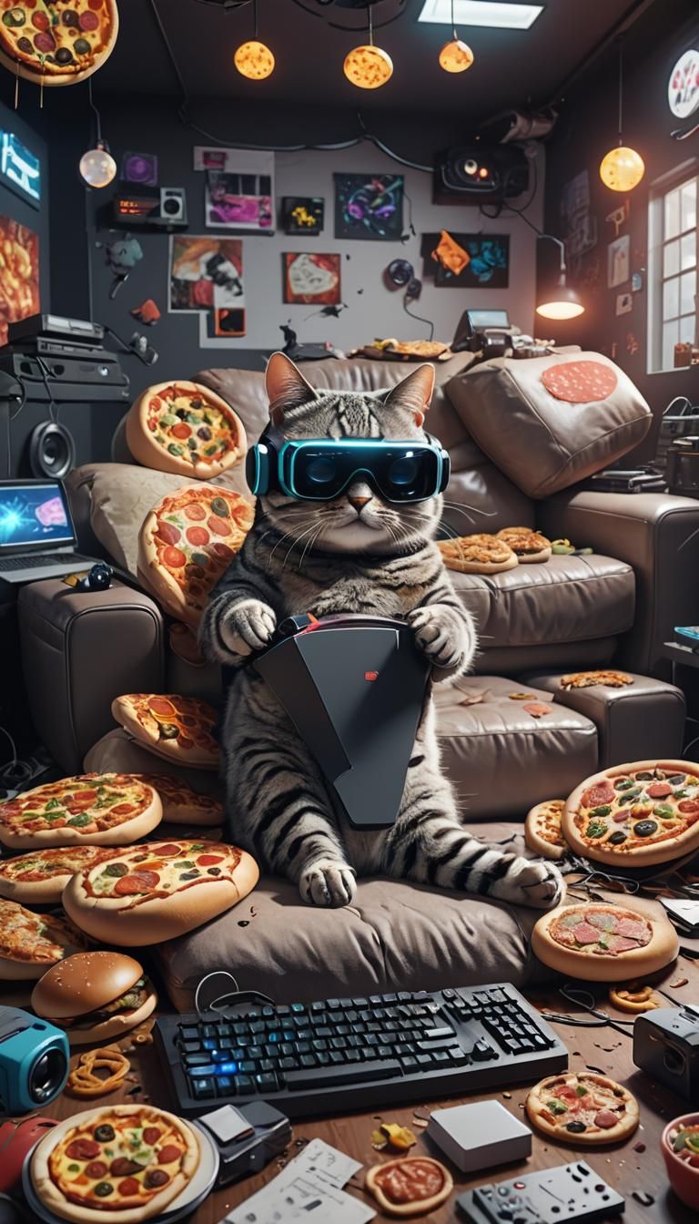 Cyberpunk Cat in VR Headset, Hi-Tech Room