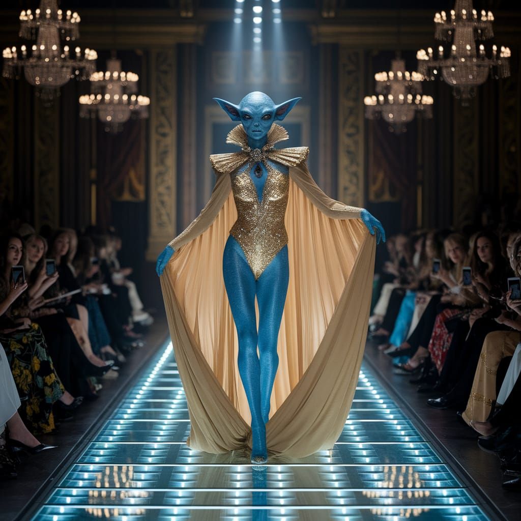 Alien Model Showcases Gold Gown on Runway