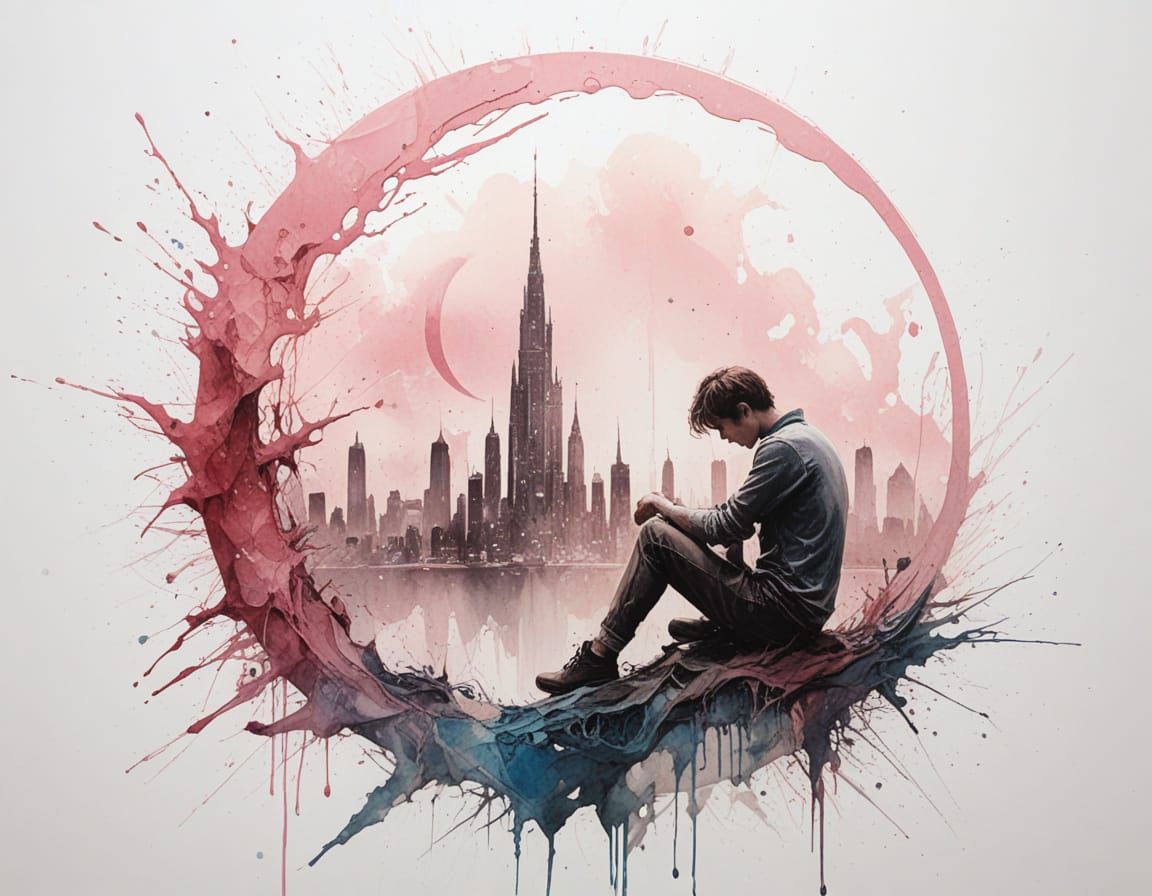 Silhouette on Melting Moon Over Pastel Cityscape