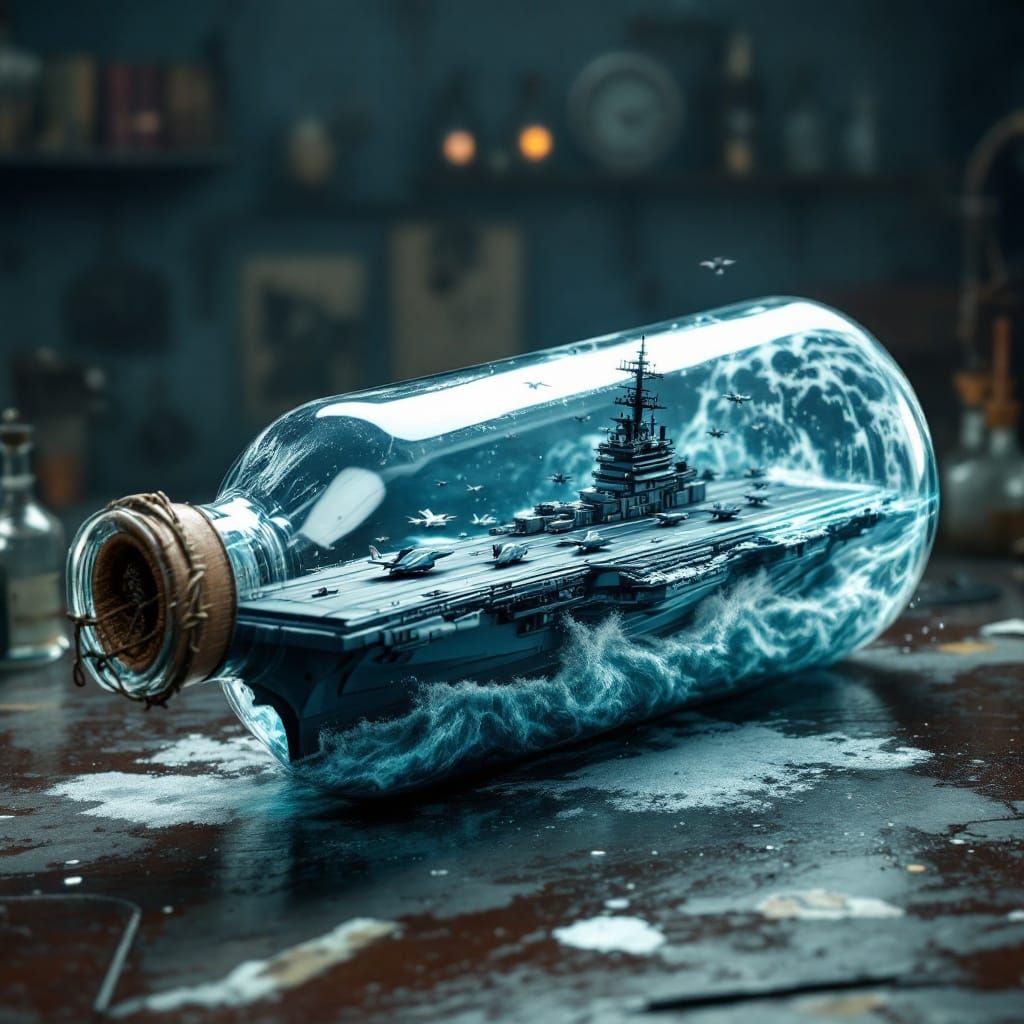A Photorealistic Aircraft Carrier in a Glass Bottle, with Tu...