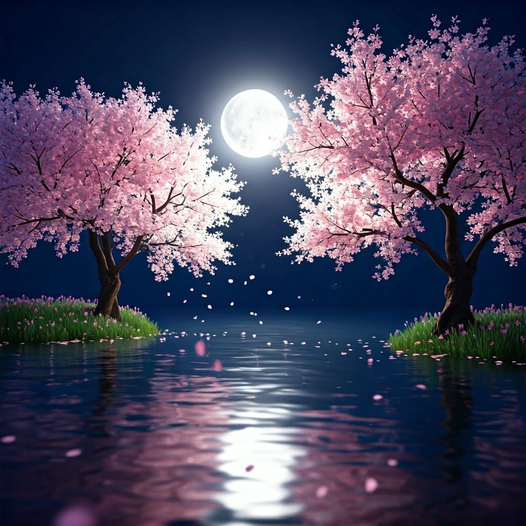Moonlit Sakura Trees in 3D Anime Style