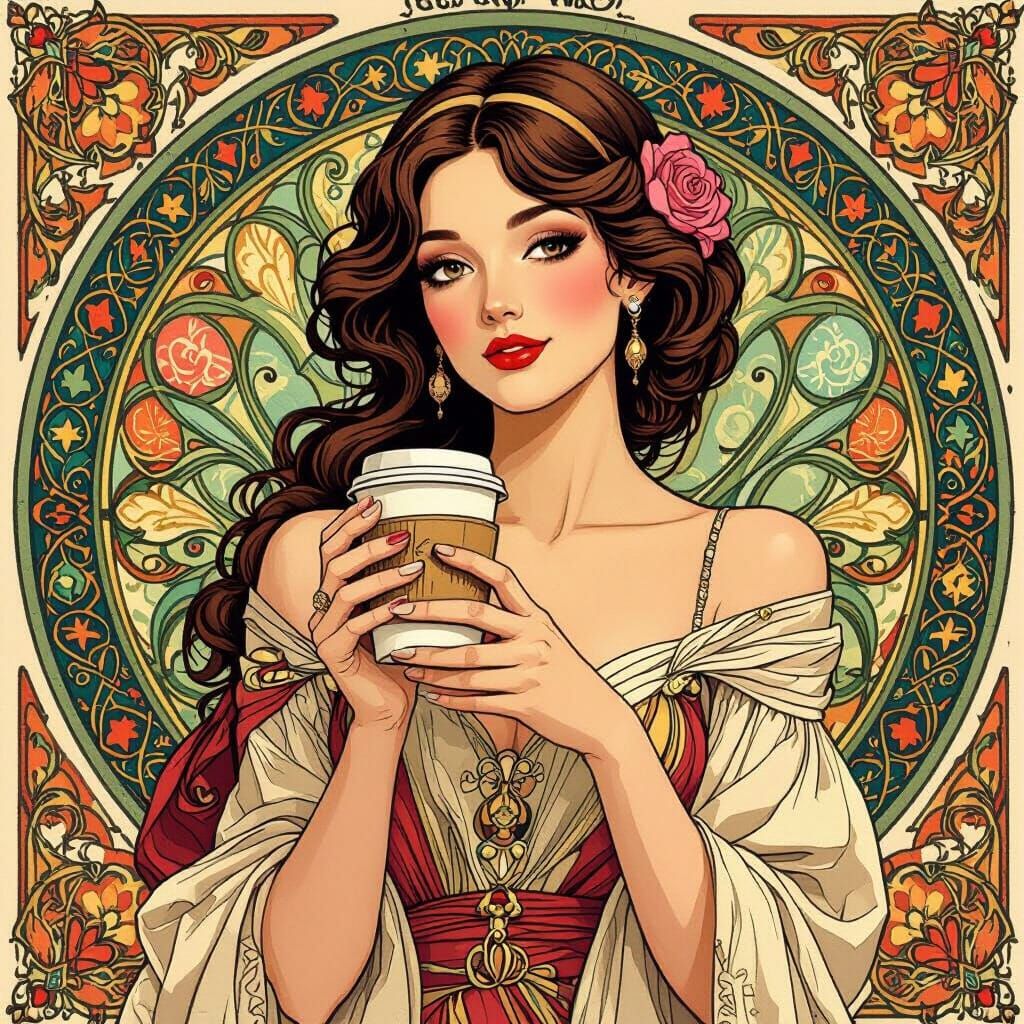 Elegant Woman with Coffee: Alphonse Mucha Style