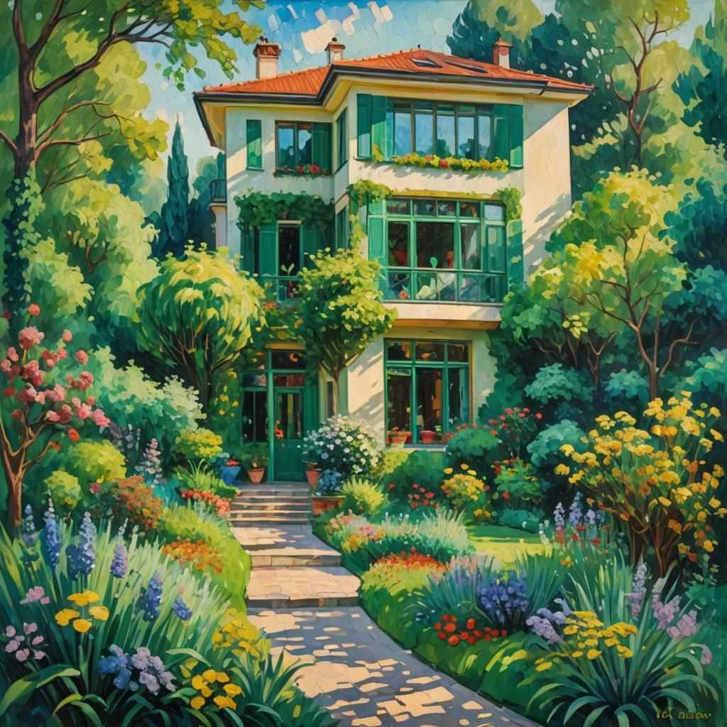 Luxury Villa in Prague: Neo-Impressionist Oil Painting