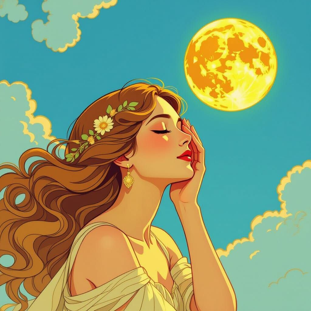 Art Nouveau Woman Shelters Eyes from Molten Sun