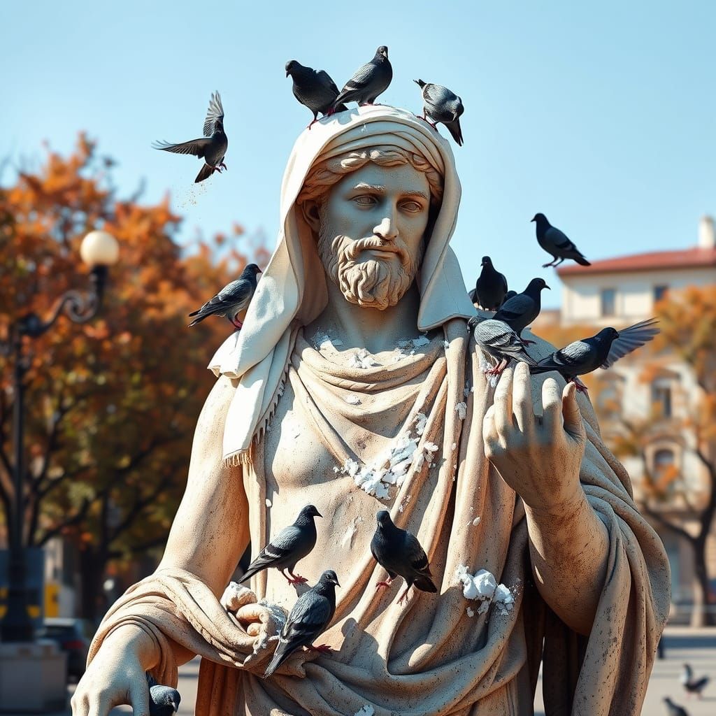 Michelangelo Statue in Park with Pigeons, 3D Art