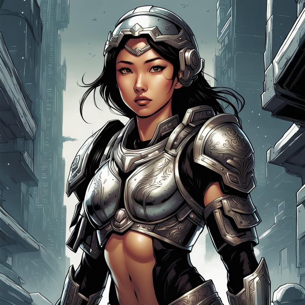 Asian Girl in Halo Spartan Armor, Comic Book Art