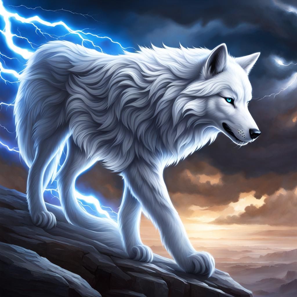 Majestic Silver Wolf in Lightning Storm