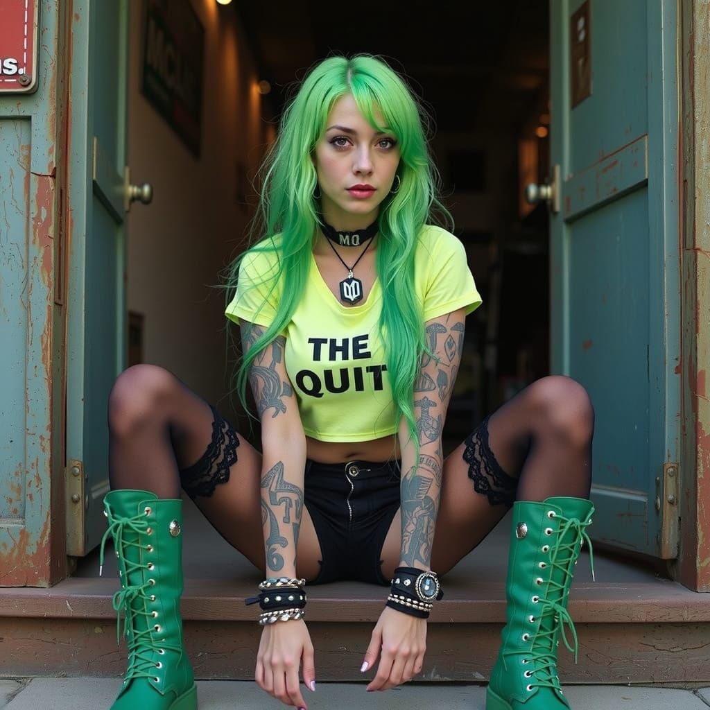 Vibrant Green Goddess in Music Venue Doorway