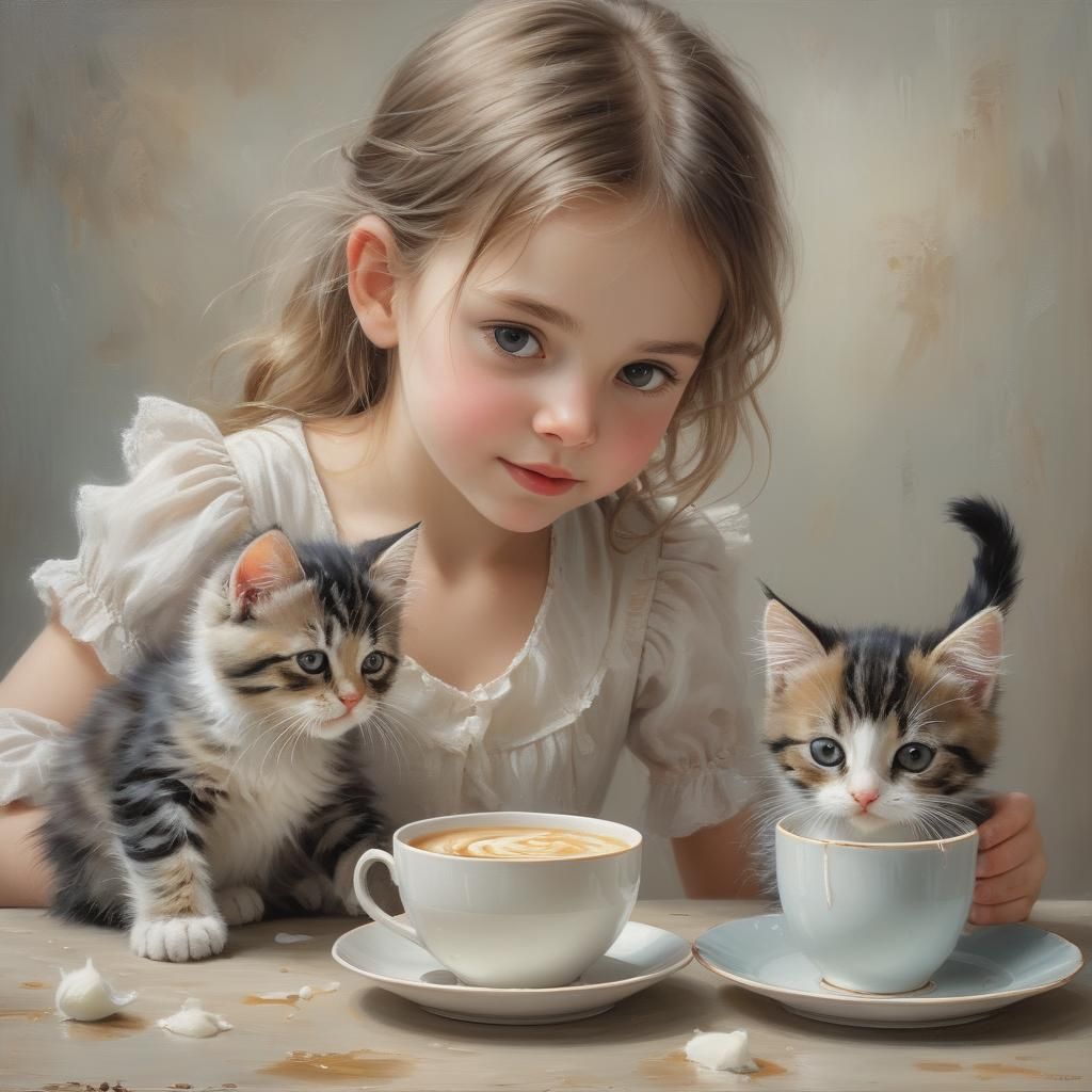 Whimsical Oil Painting of Girl and Kitten