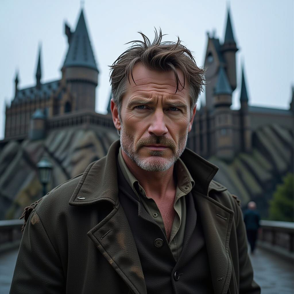 Man in Front of Hogwarts, Rembrandt and Frazetta Style