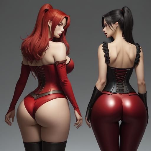Anime Style Woman in Red Corset Back View