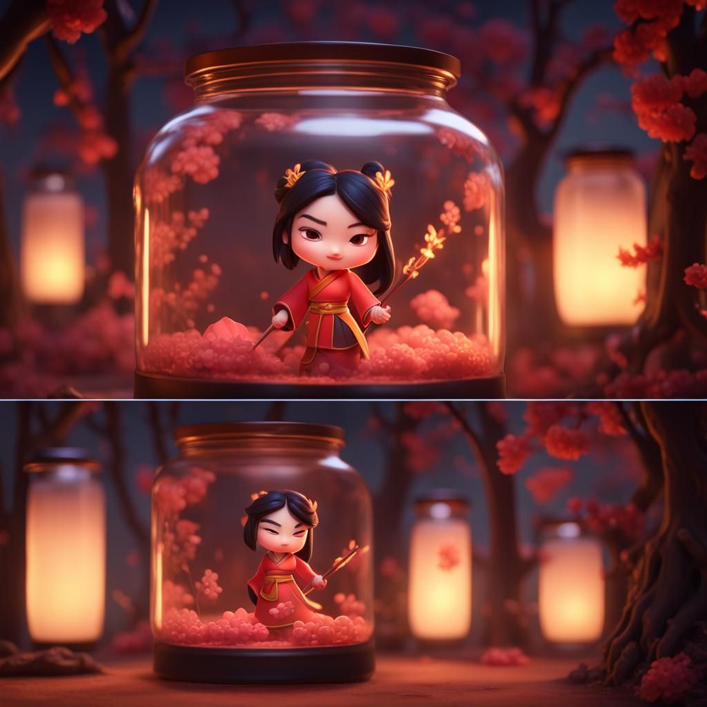 Glowing Chibi Mulan in a Jar: Hyperrealistic Digital Art