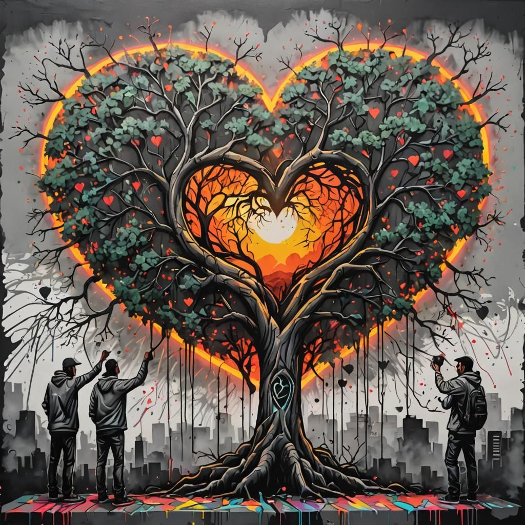 Neon Graffiti Heart Tree: Cyberpunk Watercolor Art