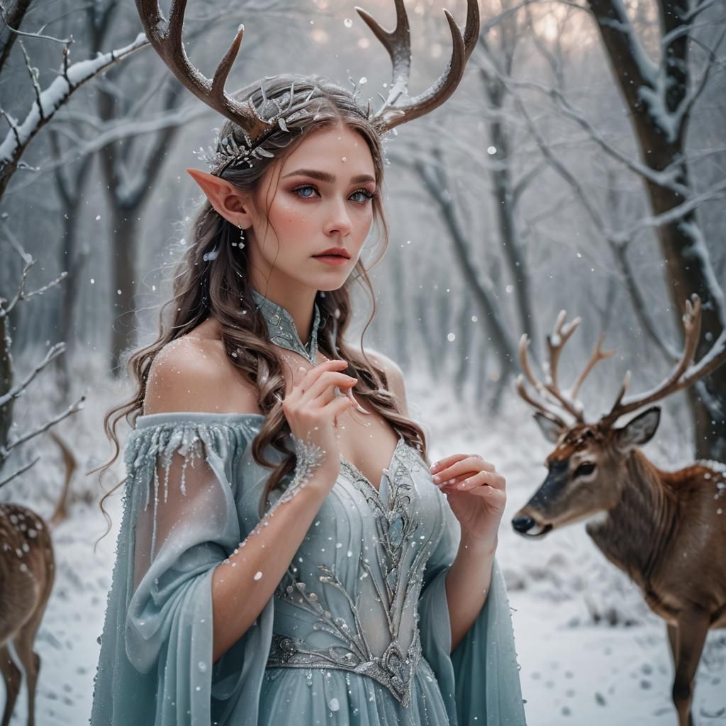 Elegant Elf Portrait with Antlers in Winter Wonderland