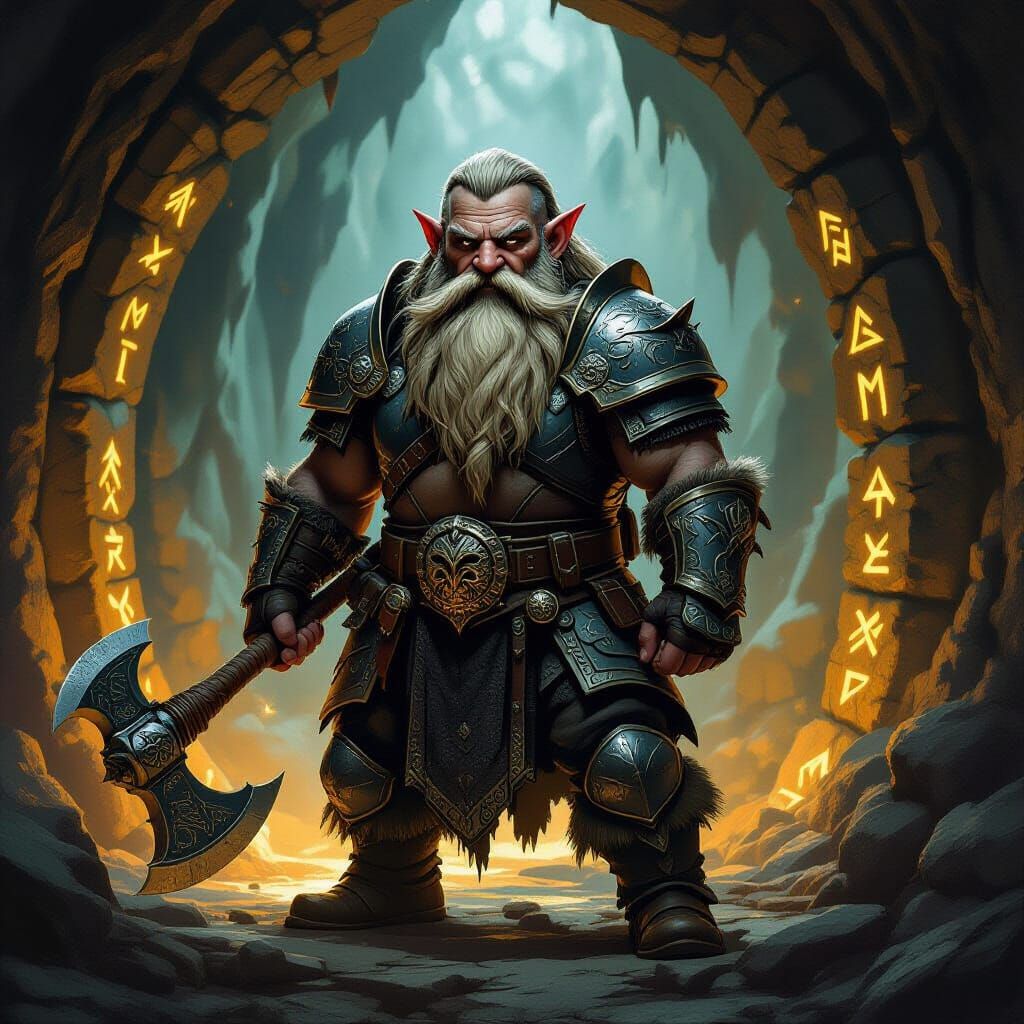 Dwarf Warrior in Ornate Armor in Rune-Lit Cavern
