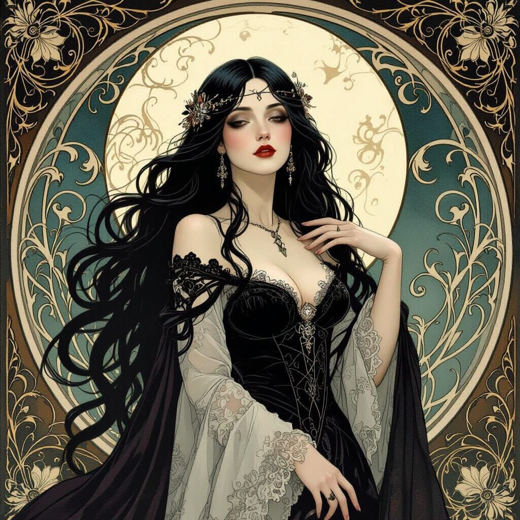 Art Nouveau Goth Woman in Moonlit Elegance