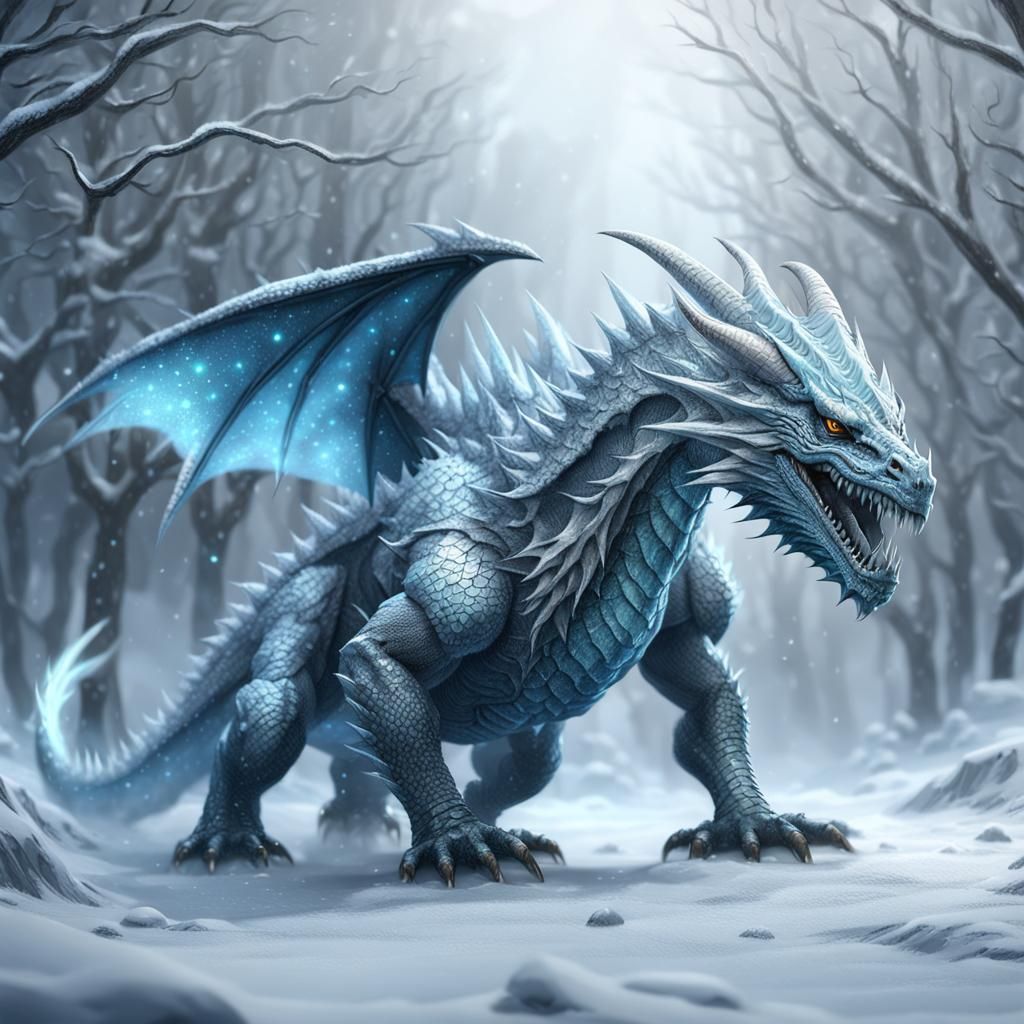 Frost Dragon Walking in Blizzard: Detailed Digital Art