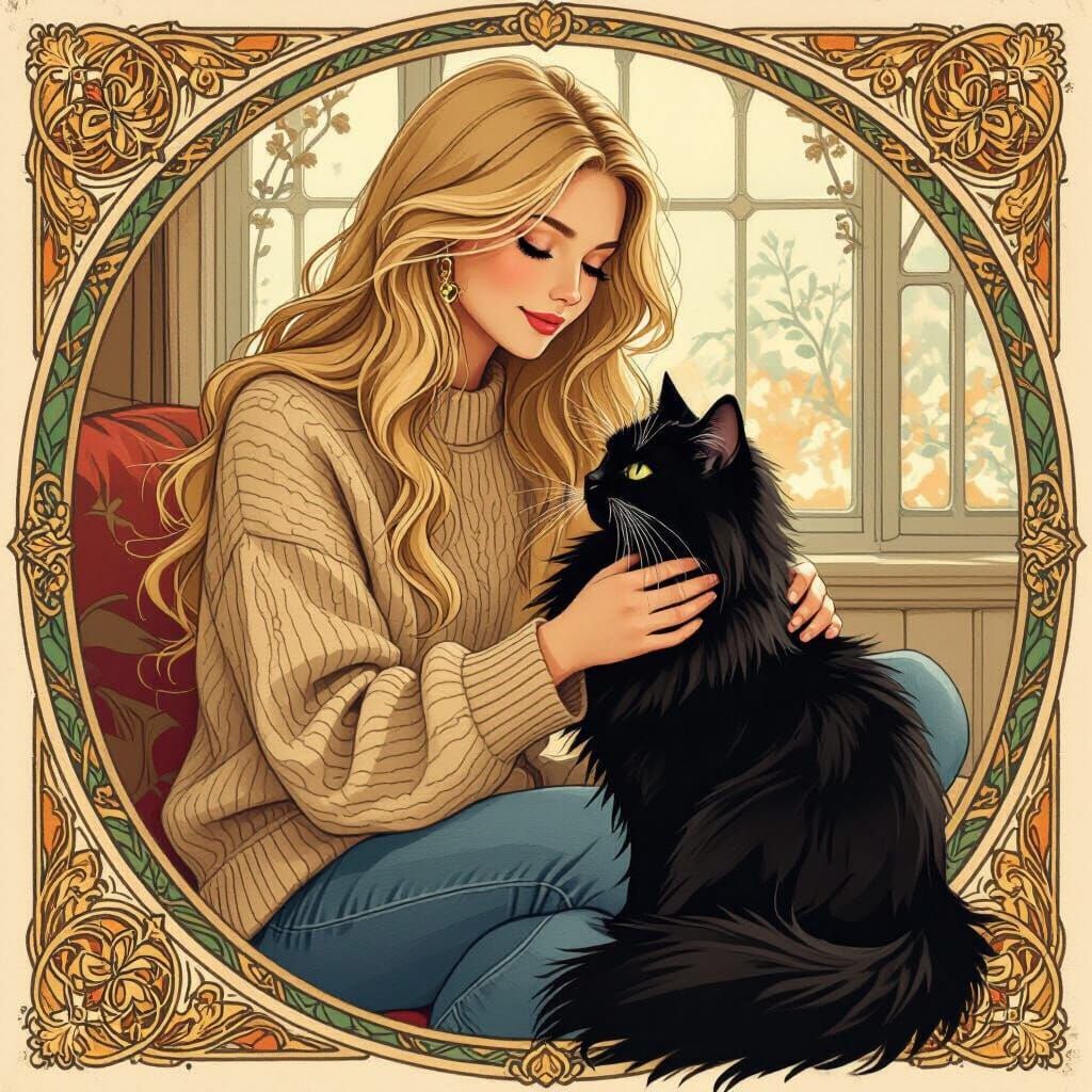 Woman with Cat in Art Nouveau Style