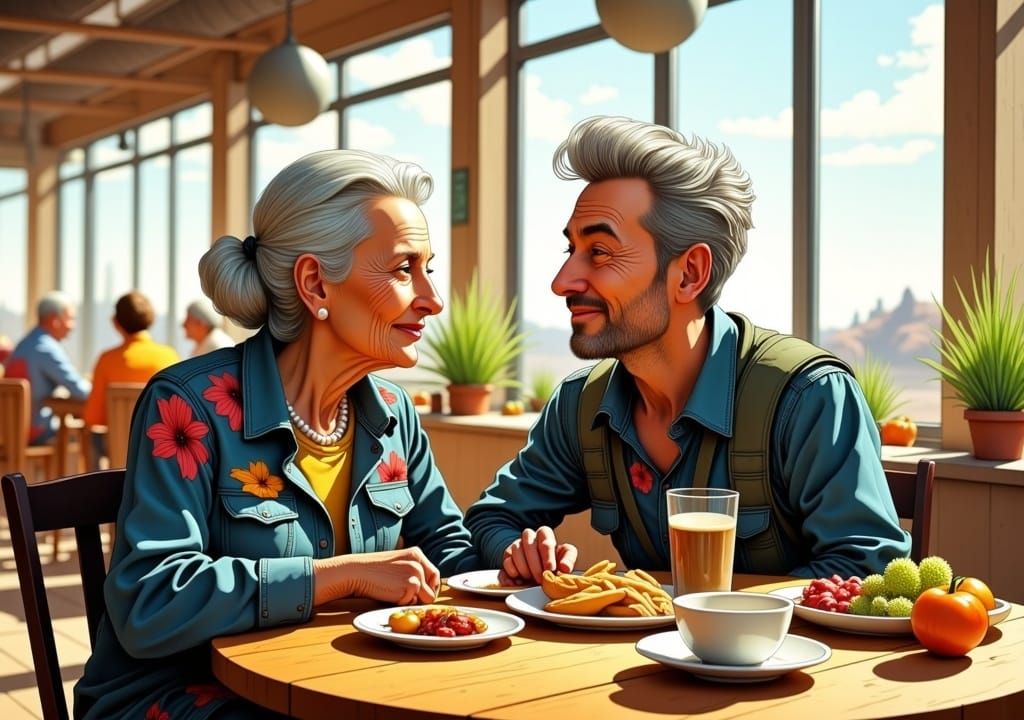 Elderly Woman and Young Man in Whimsical Illustration