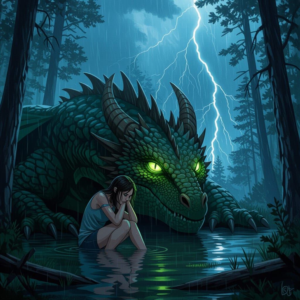 Lost Woman Shielded by Dragon in Storm