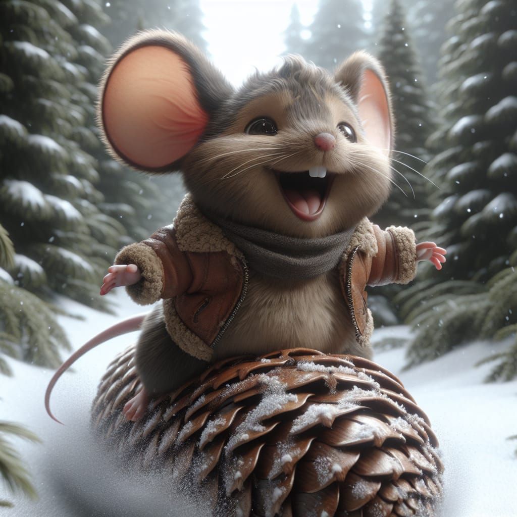 Cheerful Mouse Sleds Down Pine Cone in Winter Wonderland