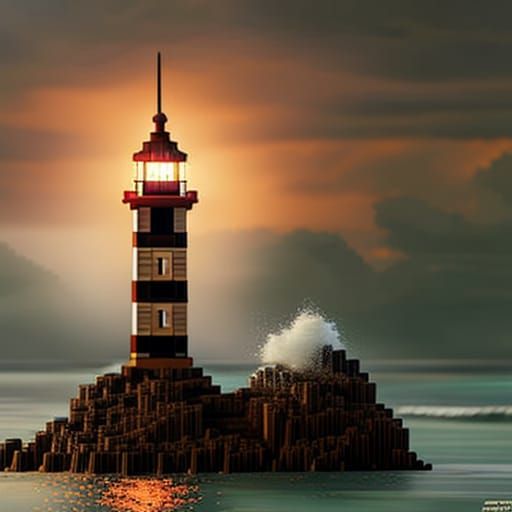 Pixel Art Lighthouse in Stormy Ocean